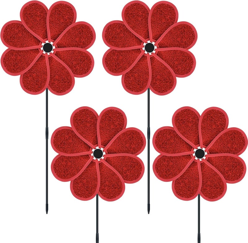 DECEED 4PCS 11.4" W x 28" H Reflective Pinwheels Sparkly Lawn Wind Spinners Colorful Rainbow Windmill for Garden Decoration Bird Devices Deterrent to Scare Birds Away (Red) - Image 1
